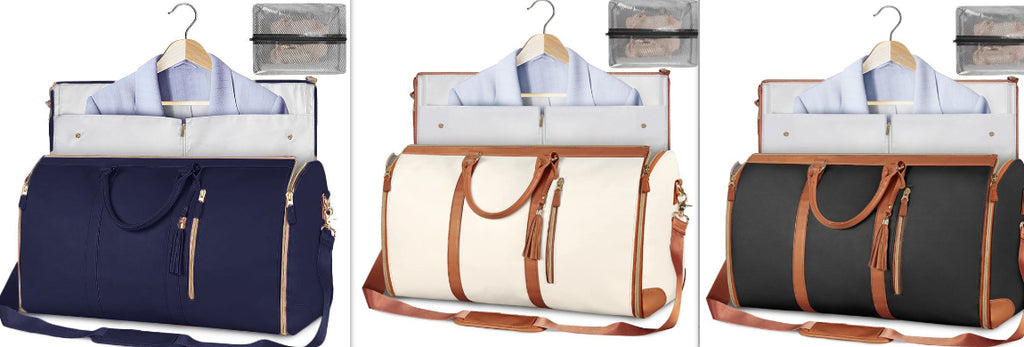 Set of travel duffle bags: navy, white, and dark gray, with hanging shirt organizers