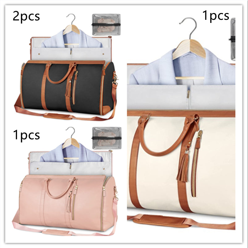 Travel duffle bag set with hanging suit organizer, light blue, pink, and black styles shown