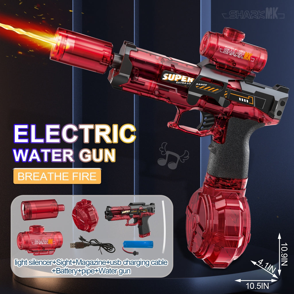 Electric water gun with red transparent drum and pistol grip