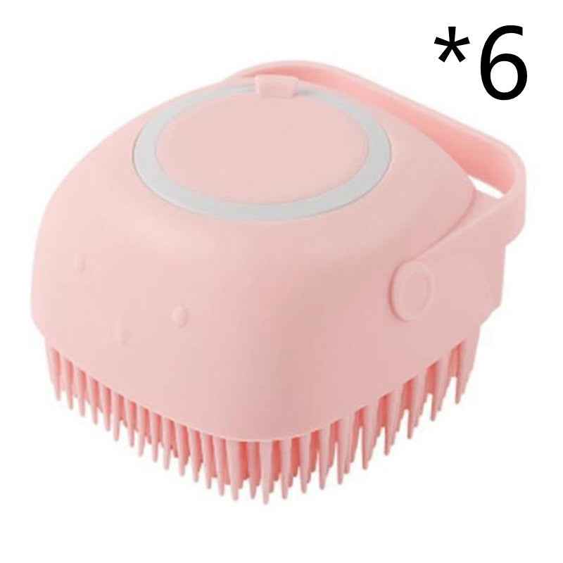 Pink silicone pet bath brush with circular lid and flexible bristles