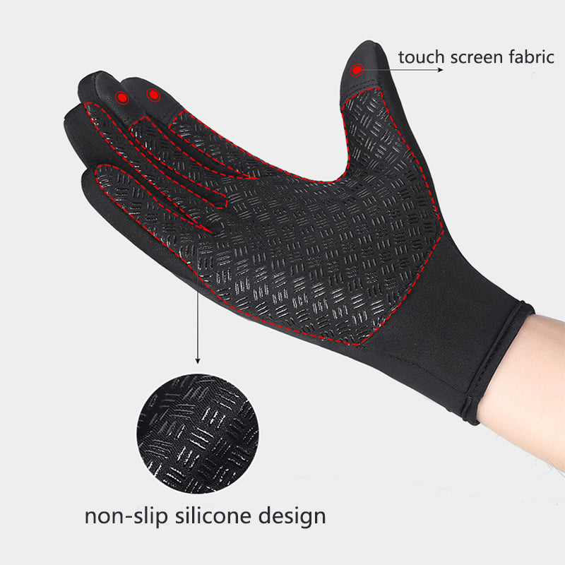 Winter motorcycle gloves in dark fabric with touchscreen panel and non-slip silicone grip.