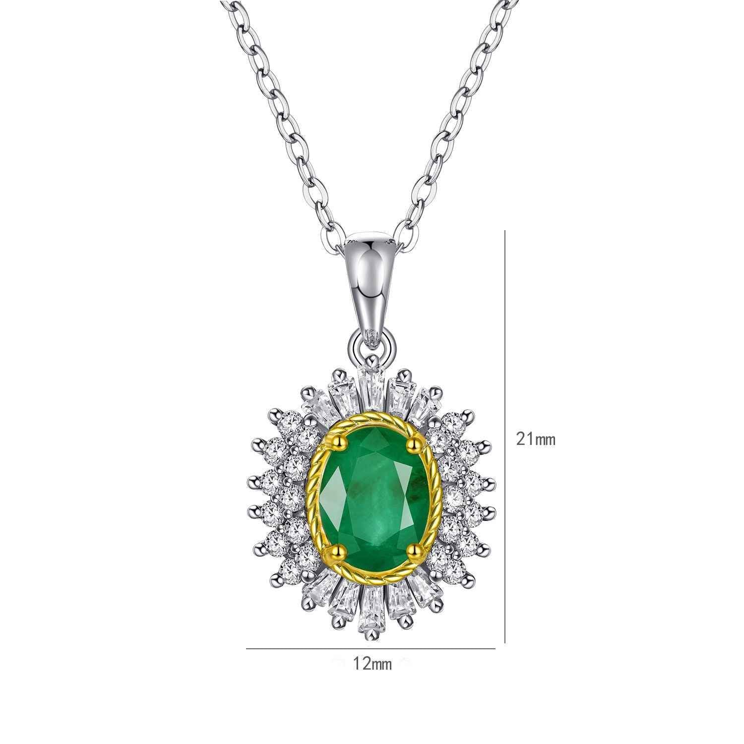 Silver oval green gemstone pendant with gold bezel and crystal halo; 12mm/21mm