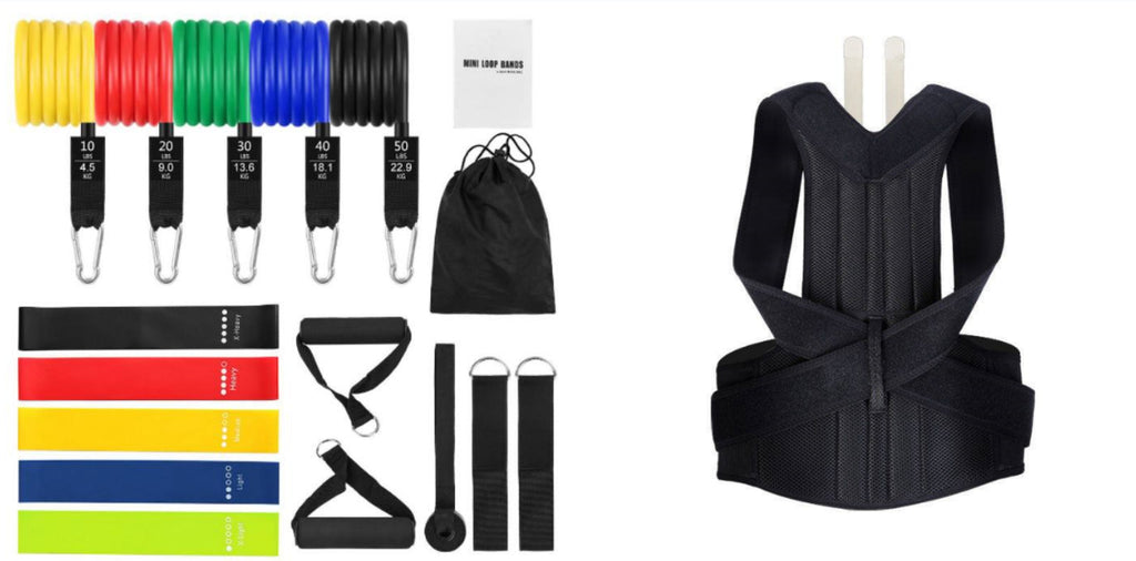 Black posture corrector brace with adjustable straps, shown with accessory set