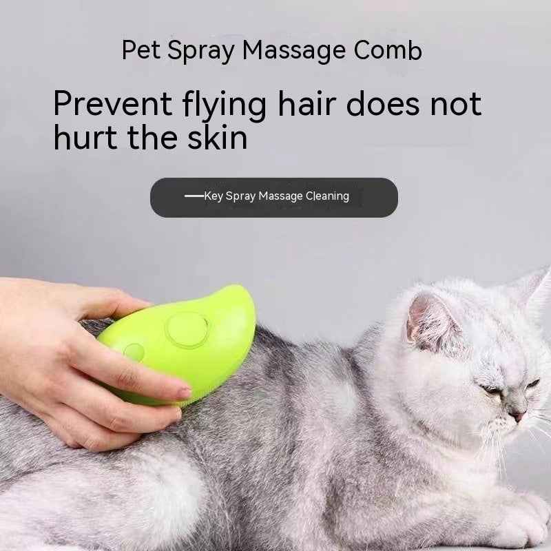 Pet spray massage comb, green, held near a resting gray cat's fur.