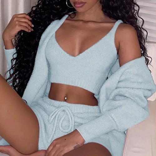 Light blue fuzzy pajama set: cropped tank top with long-sleeve cardigan and shorts