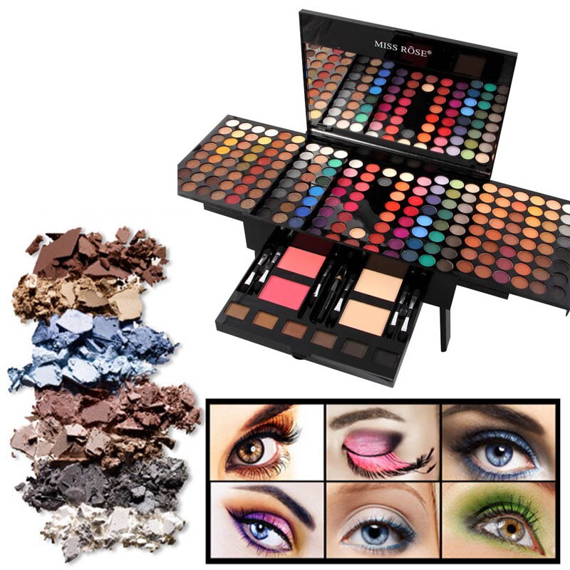 Piano-shaped makeup palette set with mirror, multi-color eyeshadow pans and blush