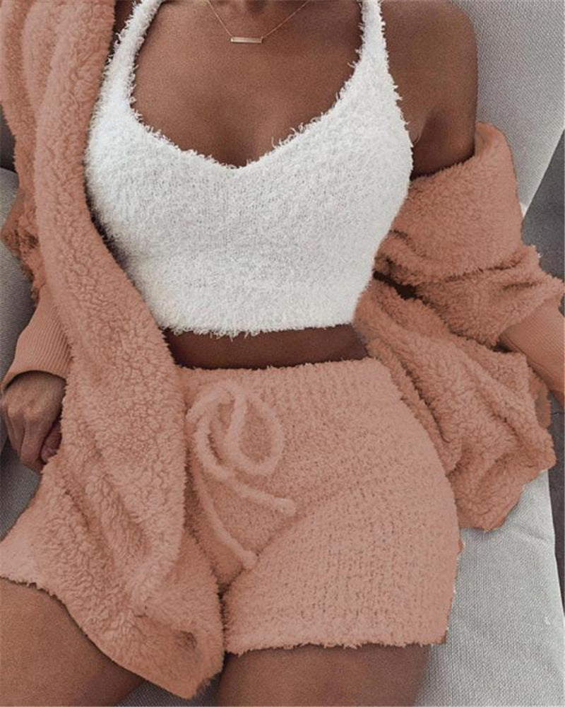 Pink fuzzy pajama set: cropped tank top, drawstring shorts, long-sleeve cardigan