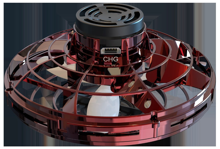 Red UFO spinning toy drone with CHG label and metallic ring frame
