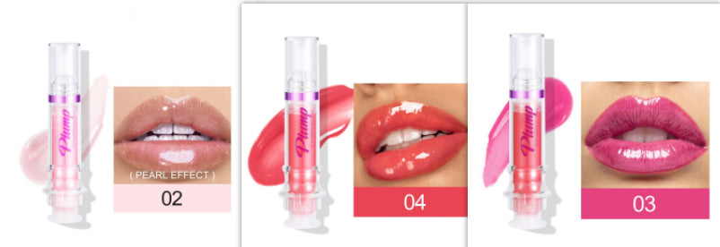 Liquid lip gloss with clear tube and purple-pink label; lip swatches show 02, 04, 03.