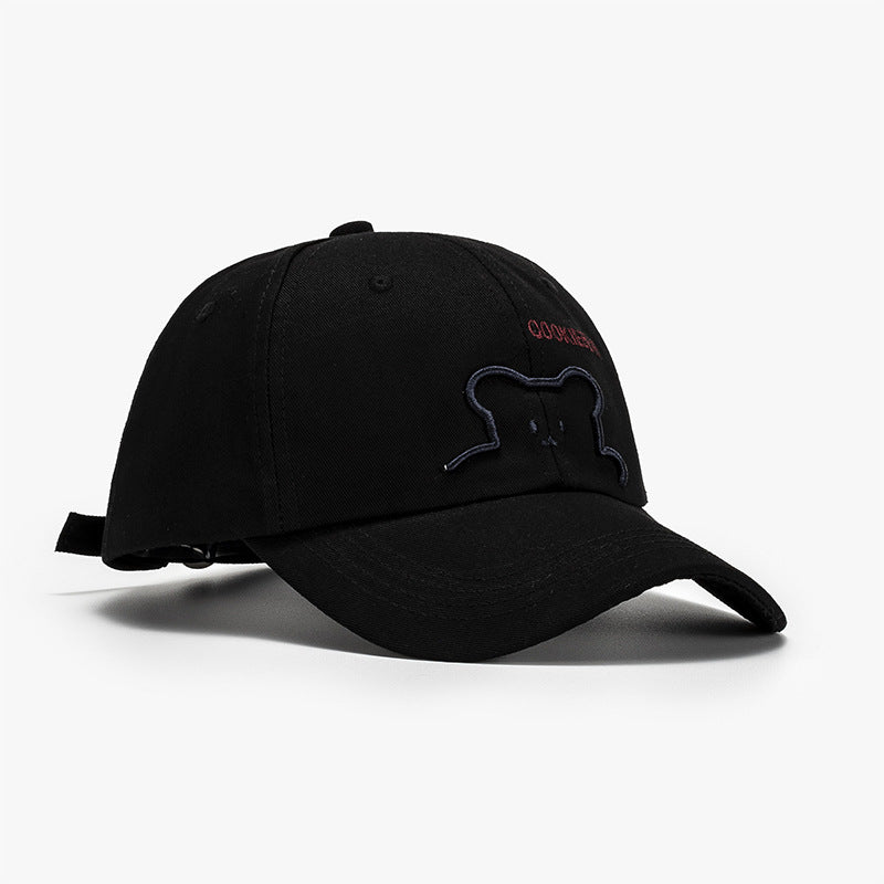 Black baseball cap with bear outline patch and curved brim