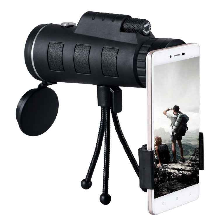 Monocular telescope with phone clip on tripod, black body and side lens cap