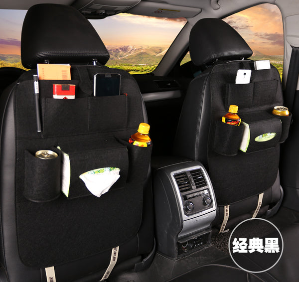 Black seat organizer bag with front pockets and two bottle holders
