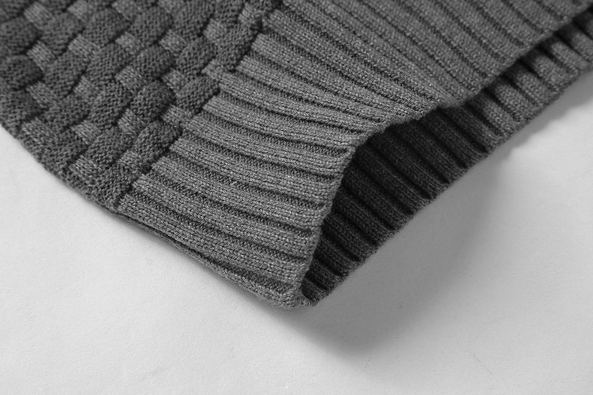 Men's hoodie sweater, gray textured knit, close-up of ribbed hem and sleeve cuff