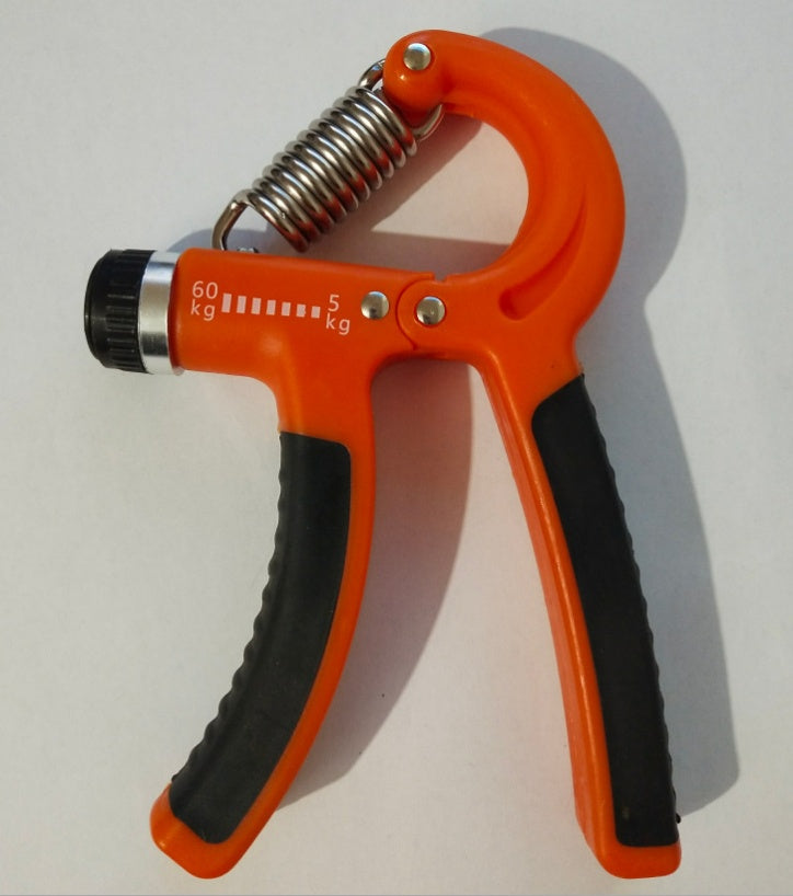 Finger exerciser hand grip with orange frame, black handles, and coiled metal spring