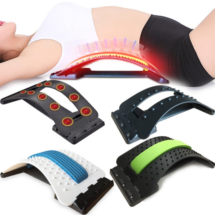 Lumbar traction therapy back brace with red LED heat strip and black curved frame