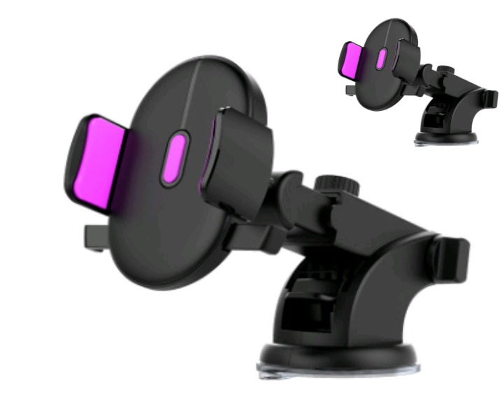 Black car phone holder with side clamp pads and adjustable arm, purple accents