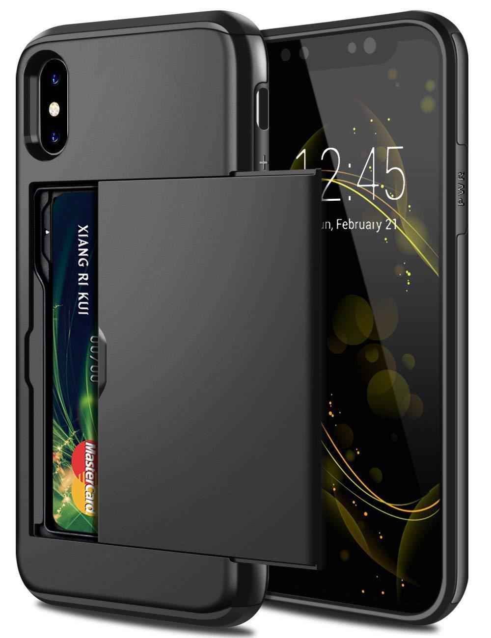 Mobile phone card case in dark gray with front flip open, card slots visible