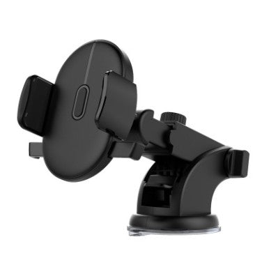 Black telescopic car phone holder with suction cup base and adjustable clamp.