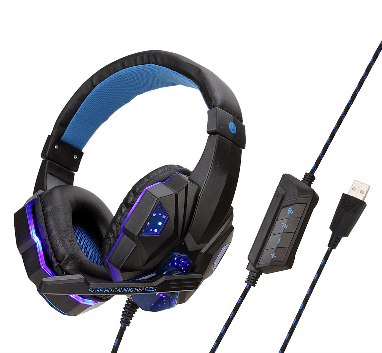 Blue and black over-ear headphones with LED earcup panels and USB cable