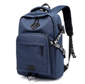 Blue USB laptop backpack from the front, with side straps and front zip pocket