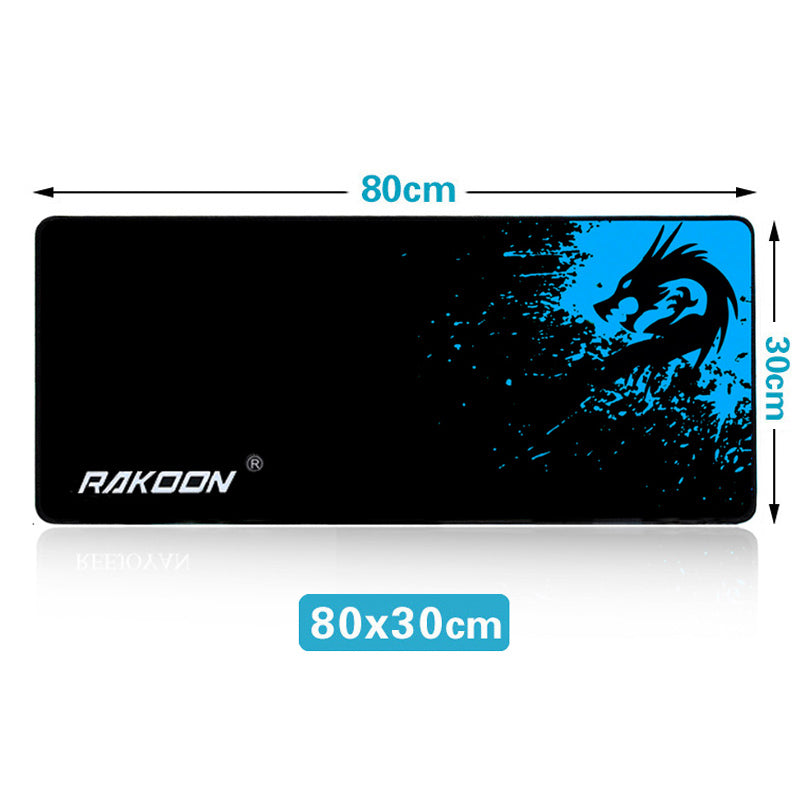 Mouse pad size 80x30cm, black and blue dragon splash graphic, RAKOON logo