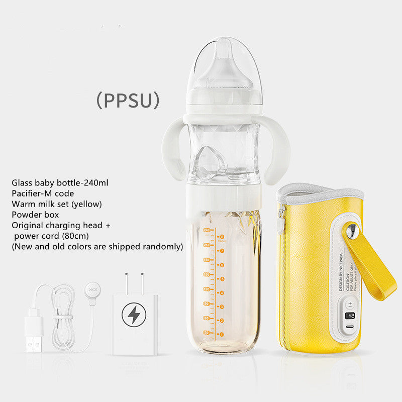 Yellow baby milk bottle and warmer set with PPSU 240 ml glass bottle