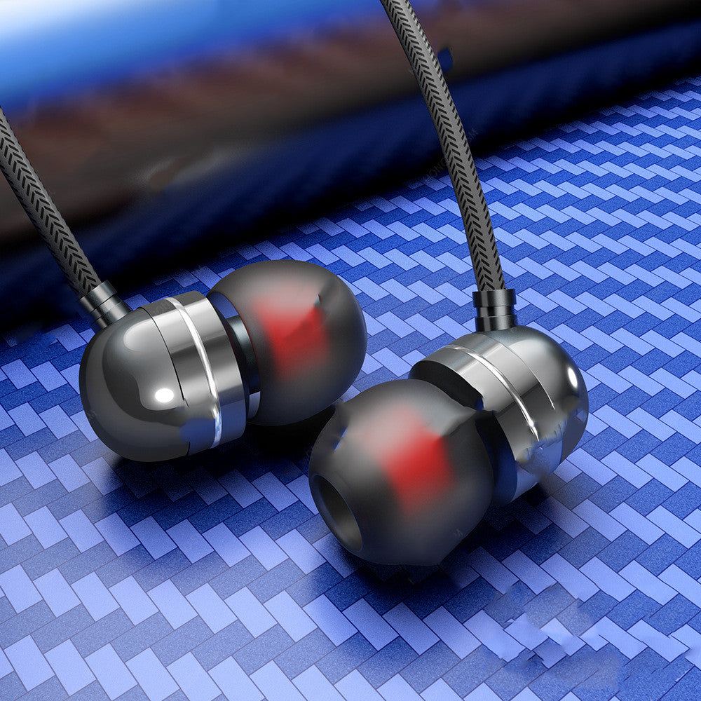 Wire-controlled in-ear headphones, black earbuds with red-tinted lights and braided cable