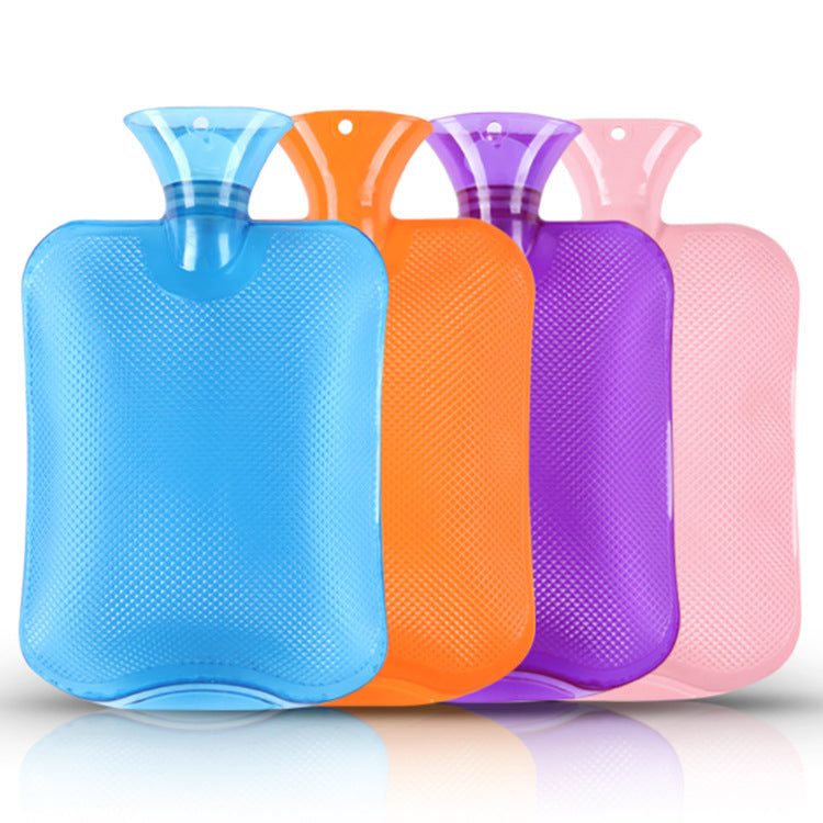 Hot water bottle set with blue, orange, purple, and pink covers