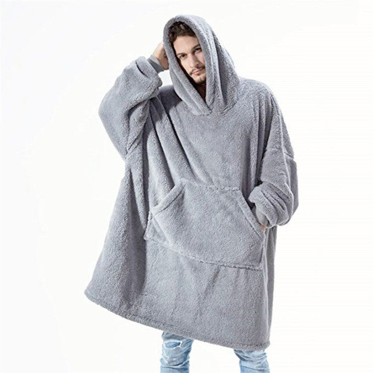 Light gray fleece hooded pullover sweatshirt with large front kangaroo pocket