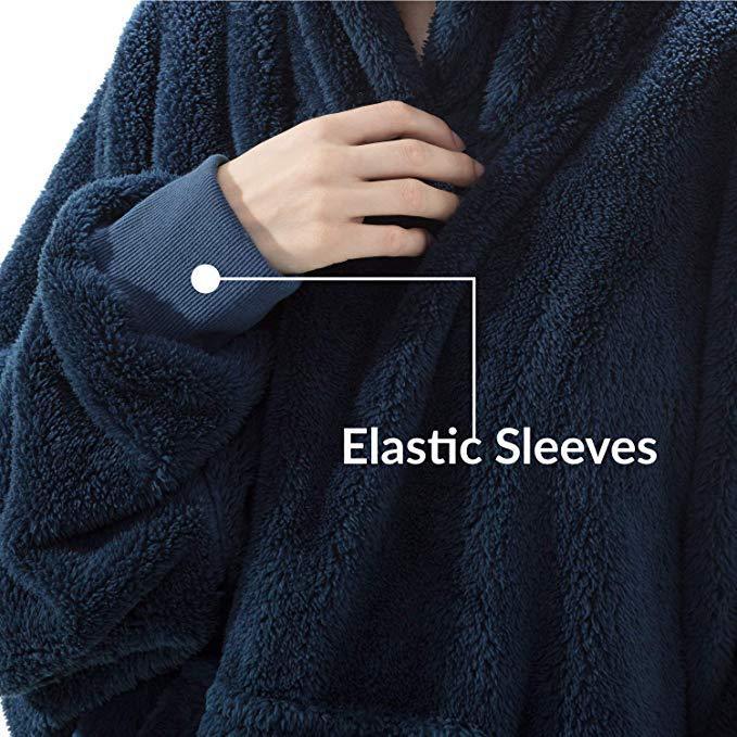 Navy blue fleece hoodie with thick textured knit and ribbed elastic cuffs