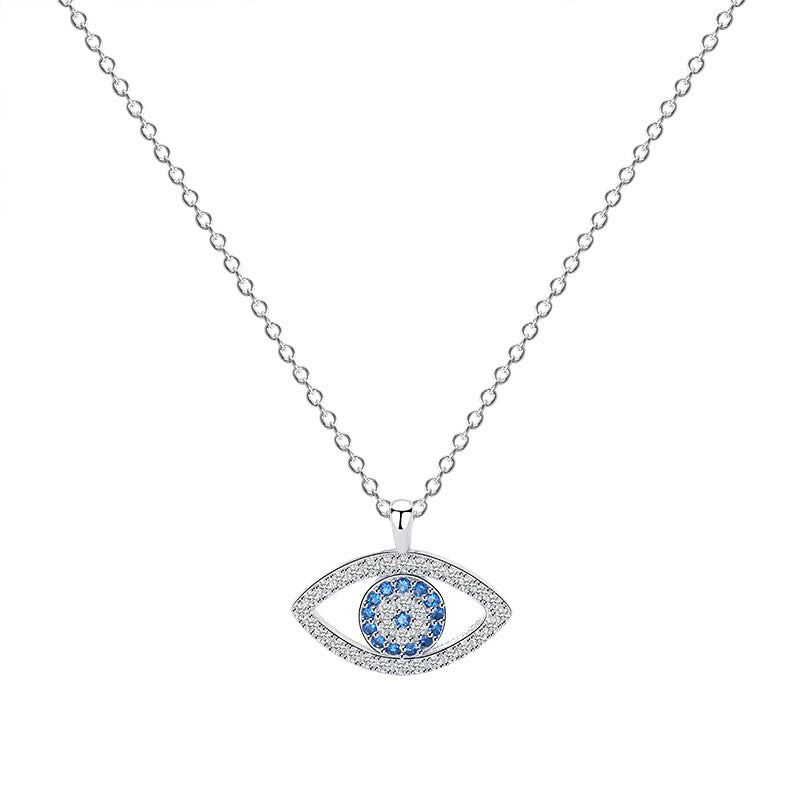 Sterling silver evil eye pendant necklace, single blue eye surrounded by sparkling pavé