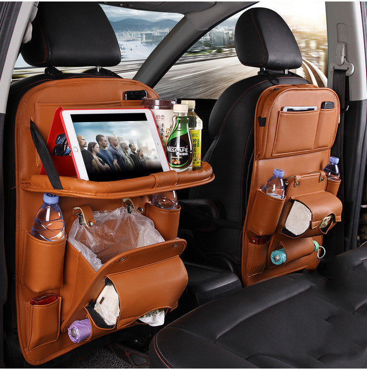 Tan PU leather car seat back organizer with drink holders, tissue pouch, and side pockets