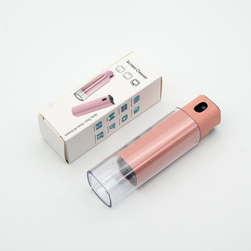 Portable screen cleaner set with storage sleeve, rose pink roller and transparent mist bottle