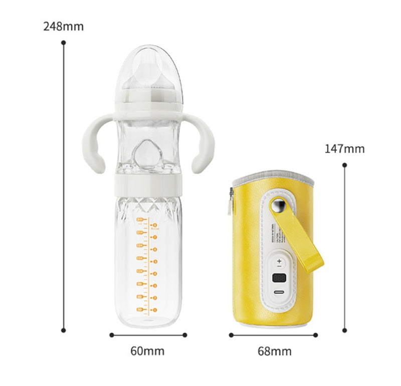 Milk bottle warmer and glass bottle size diagram with display control unit