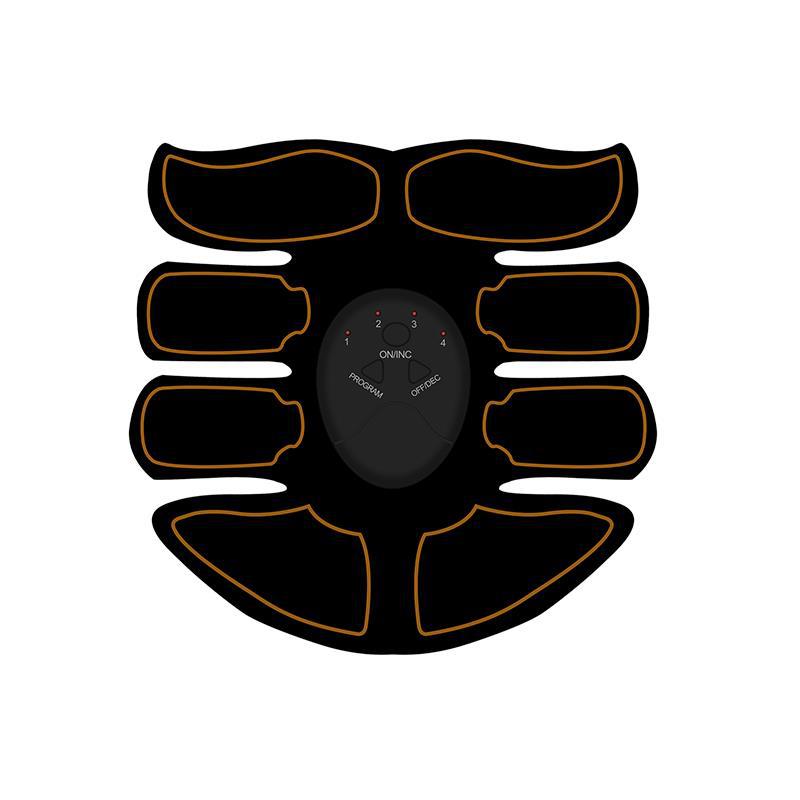 Black EMS abs muscle trainer electrode pads with orange outlines and center unit