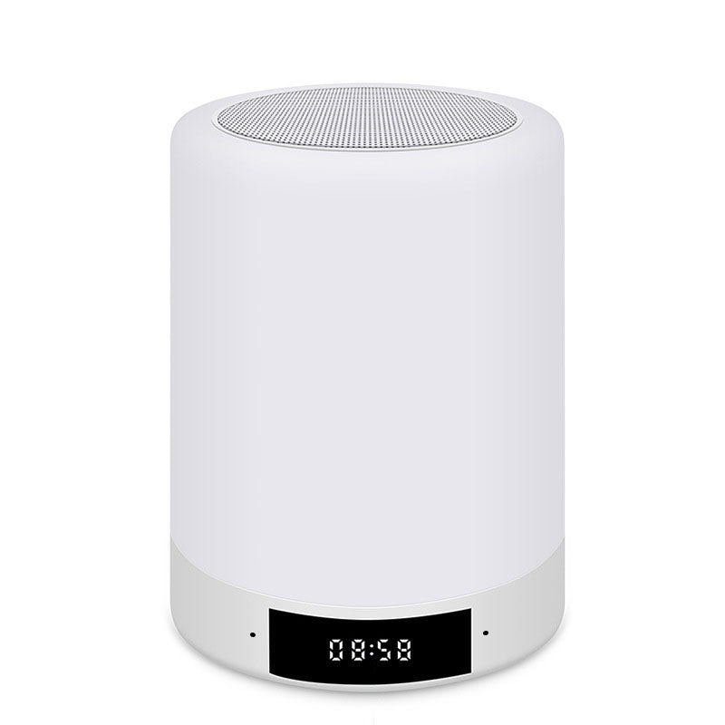 White rechargeable night light speaker with top grille and clock display 08:58