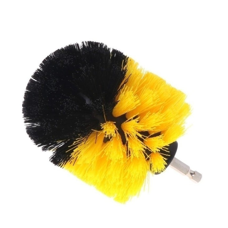 Dual bristle drill brush head with yellow and black fiber tufts and metal shaft