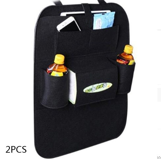Black car seat organizer bag with front panel pockets and two bottle holder sleeves