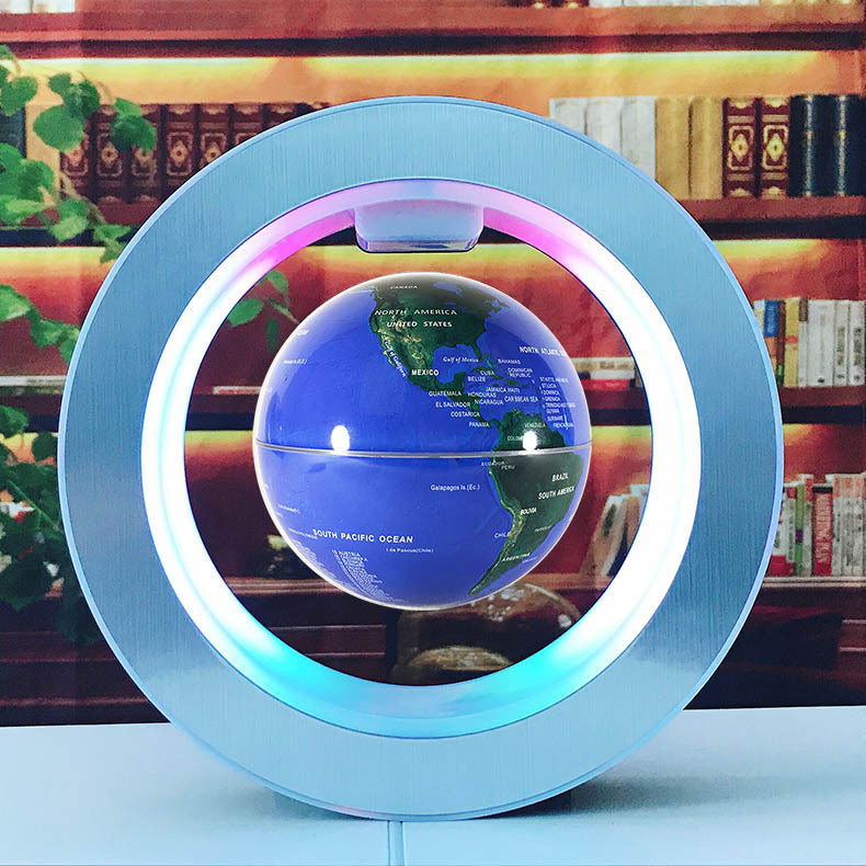 LED floating world map globe on circular base with color-changing glowing ring light