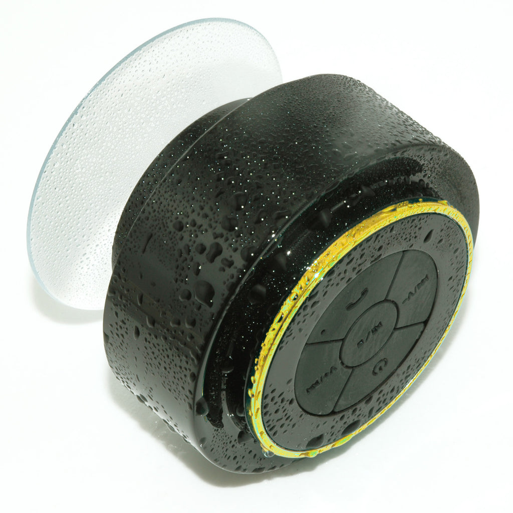 Bluetooth waterproof speaker with black body and yellow LED ring, side view