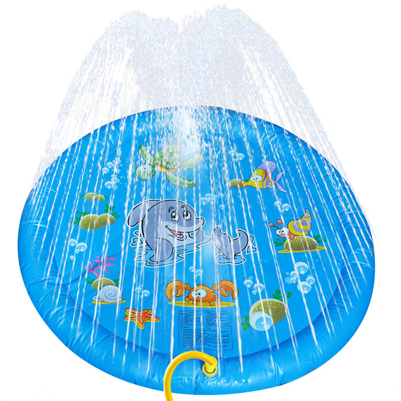 Blue splash pad tent-style cover with cartoon animal water design