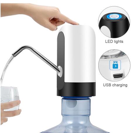 Automatic electric water bottle pump with LED light ring and USB charging port indicator