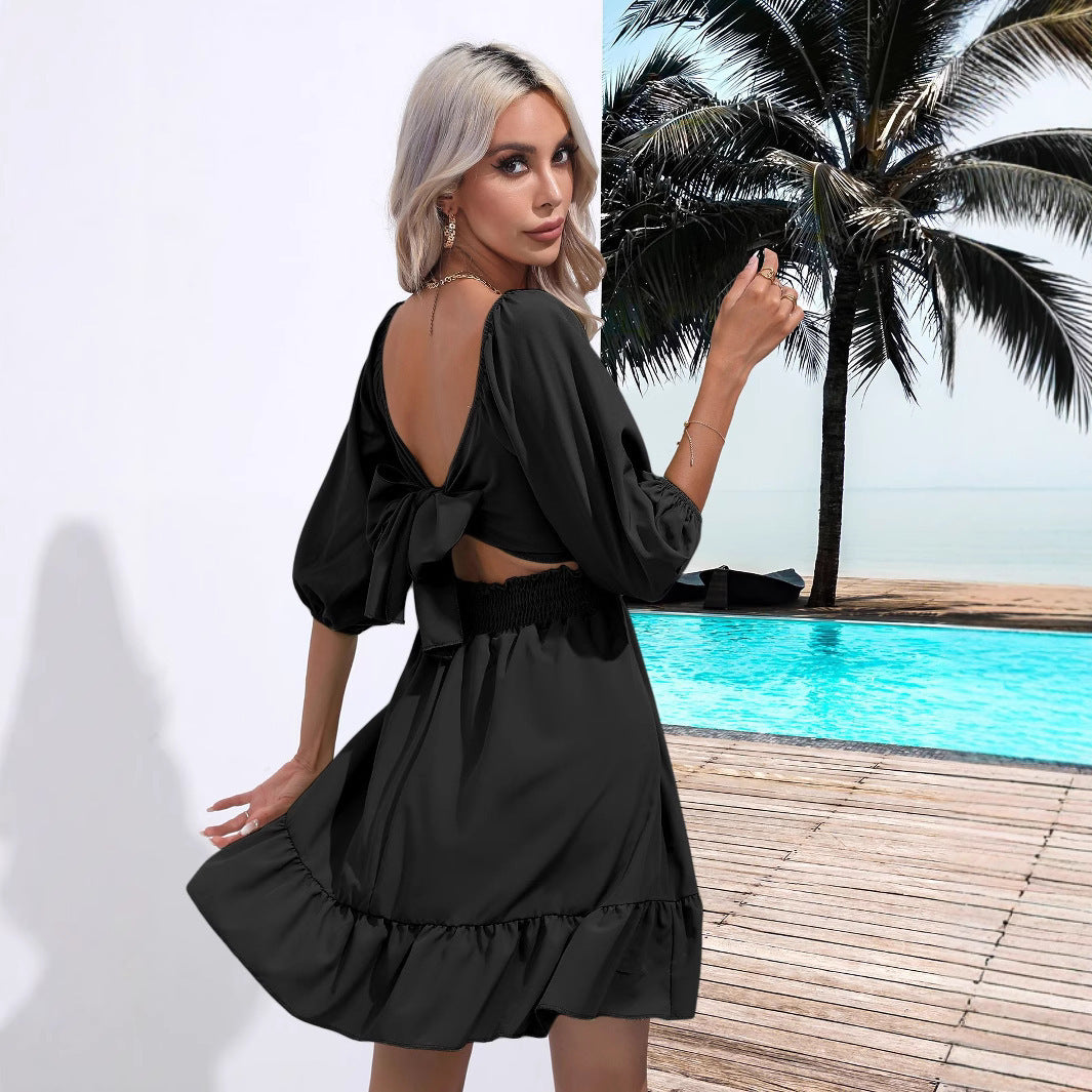 Ruffle-trimmed square-neck dress, black, open-back with tie, tiered ruffle hem