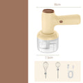 Beige electric chopper with dimensions, whisk beaters, and USB cable