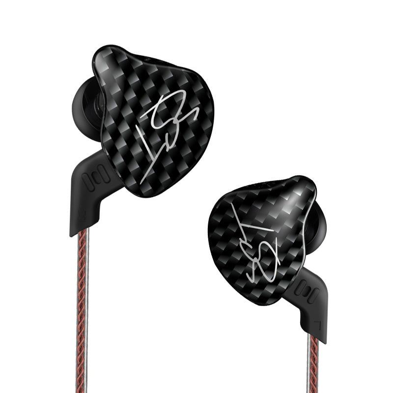 In-ear subwoofer earbuds with black carbon-fiber pattern housings, wired