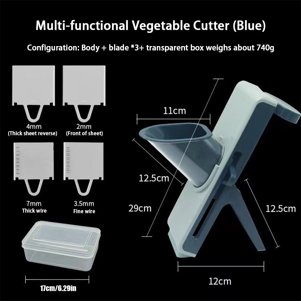 Blue and white mandoline food slicer with blade settings and transparent storage box