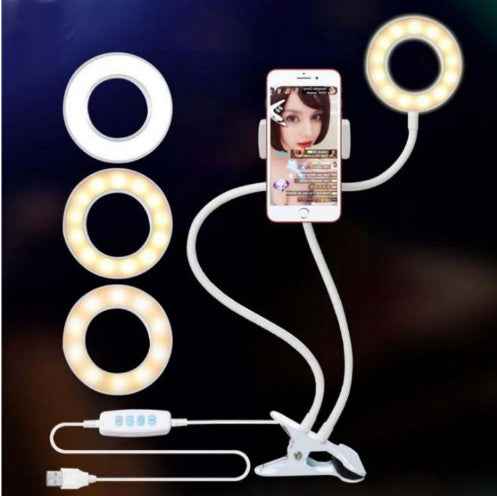 LED selfie ring light with phone holder, three ring brightness levels, white cable