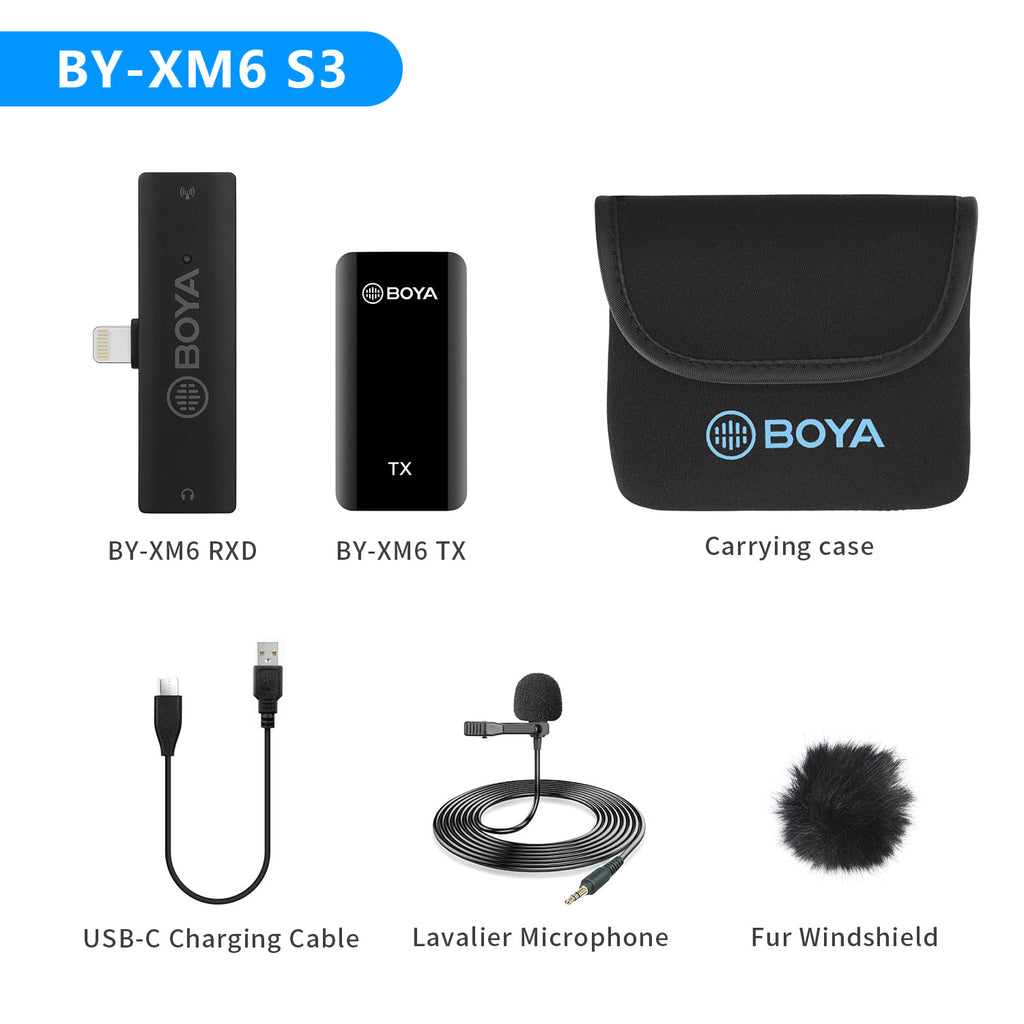 Black wireless microphone system with carrying case, cable, lavalier mic and windshields