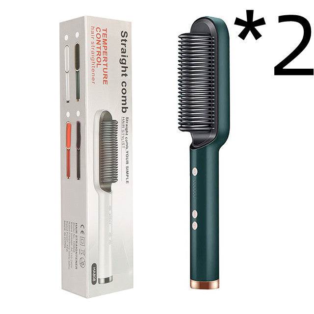 2-in-1 hair straightener hot comb electric hair brush, dark green with protective comb cap