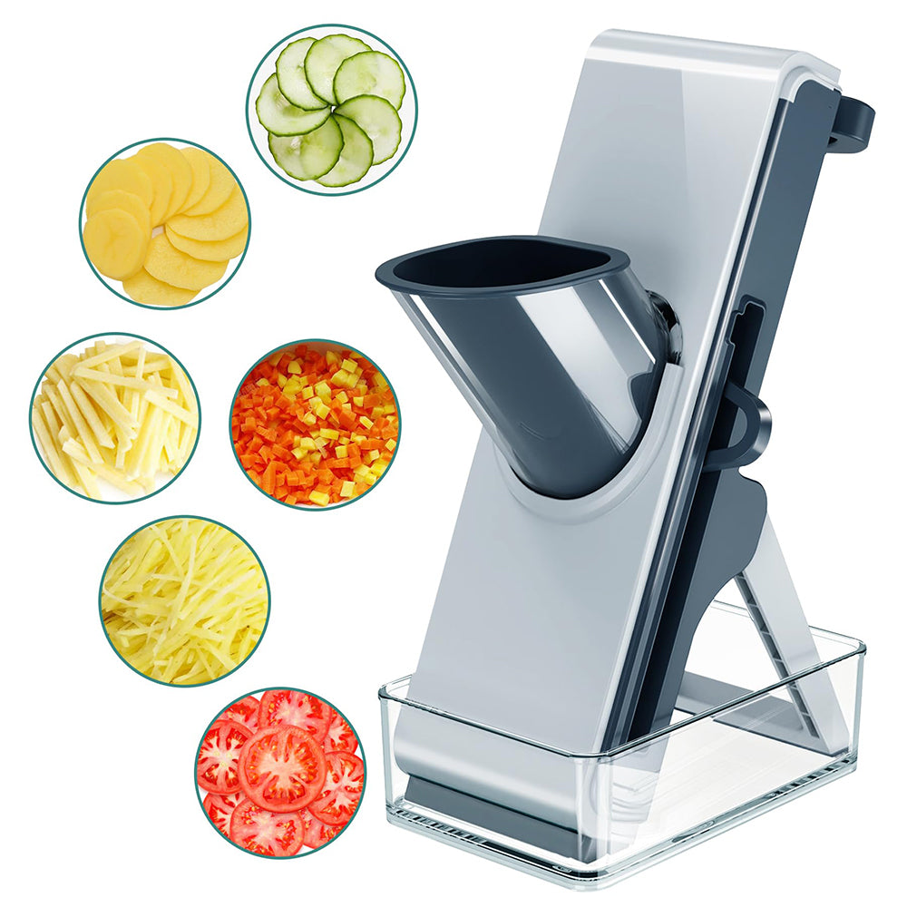 White and blue mandoline food slicer with black tray and multiple cut icons